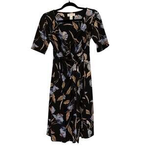 Motherhood Maternity Floral Wrap Dress Black Blue Size S Knee Length Stretch